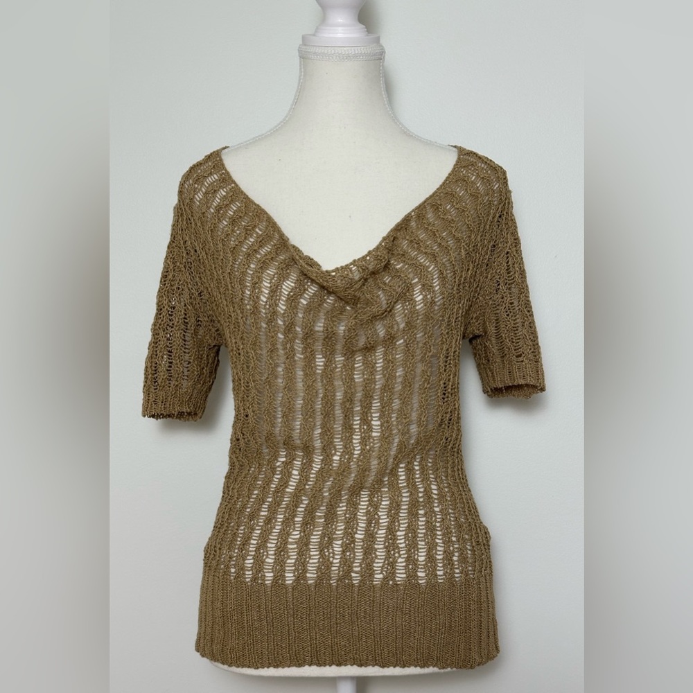 JESSICA Y2K Tan Knit Cowl Neck Boho Festival Cottage Short Sleeve Size XS‎